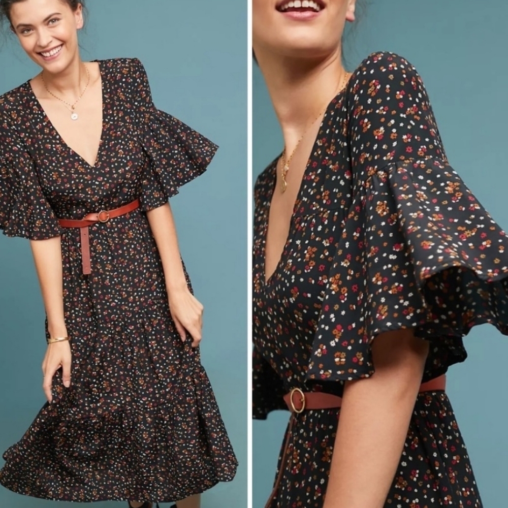 Faithfull The Brand "Melia" ditsy floral la contrie print bell sleeve midi dress
